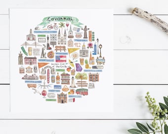 May include: A watercolor illustration of a circle filled with icons representing various landmarks and cultural elements of Savannah, Georgia. The text "Savannah" is written in a banner at the top of the circle. The text "Whistler City of the South" is written in the center of the circle.