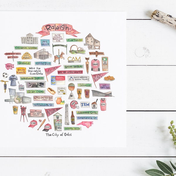 Raleigh, NC Watercolor Illustration Wall Art