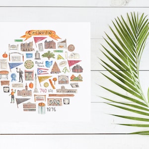 May include: A watercolour illustration of a circle filled with icons representing the city of Circleville, Ohio. The icons include a pumpkin, a church, a cornfield, a water tower, and a sign that says "Round Town". The text "Circleville" is at the top of the circle, and the year "1876" is at the bottom.