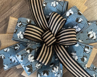 Wreath Bow, Blue wreath bow, cotton Wreath Bow, Rustic Wreath Bow, Wreath Bow fall, Burlap Wreath Bow, Bow for front door