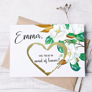 Cartão de proposta de dama de honra - Cartão de raspadinha de casamento para dama de honra - Magnólia - Flores verdes em aquarela - Cartão de casamento para irmã