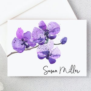 Orquídea púrpura papelería personalizada para ella, tarjetas de notas de flores personalizadas para mujer, papelería para niñas tarjetas de agradecimiento 22-203