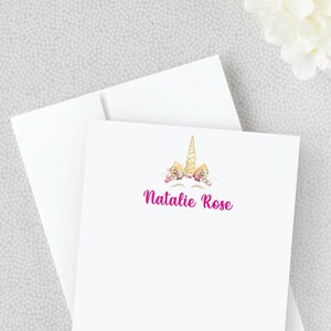 Gepersonaliseerde Unicorn Cards - Meisjes Custom Stationery - Stationary for Kids - Unicorn en Flower Crown Note Cards - Gepersonaliseerde kaarten 22-49