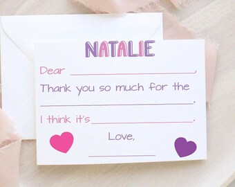 Fill In The Blank Thank You FLAT Cards for Girls | Personalized Stationery For Kids | Birthday Thank You | Note Cards and Envelopes 22-105
