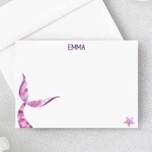 Papelería púrpura personalizada de cola de sirena / Tarjetas de notas personalizadas para niñas / Tarjetas planas para ella / Tarjetas de cartas Penpal para niños / Juego de 10 22-41