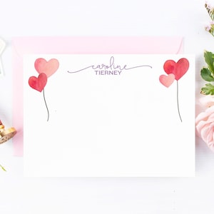 Personalized Stationery for Girls, Hearts Custom Note Cards for Her, Girls Stationary for Penpals, Heart Card Set and Envelopes 22-191