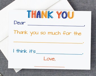 Fill In The Blank Thank You Cards for Boys | Personalized Stationery For Boys | FLAT Cards | Birthday Thank You | Cards and Envelopes 22-103
