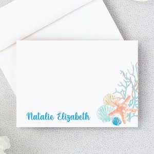 Tarjetas planas personalizadas de Aqua Coral y Conchas / Papelería de playa para ella / Aqua Sea Star Flat Note Estacionaria / Tarjetas de agradecimiento / Mar 22-53
