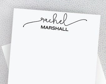 May include: White stationery set with a personalized name and last name, "rachel MARSHALL", printed in black cursive script.