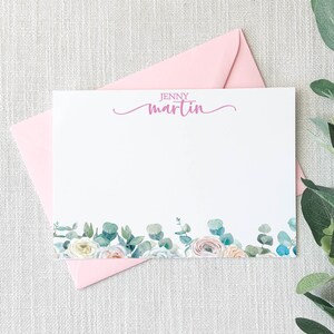 Papelería rosa personalizada para mujeres / Tarjetas personalizadas de acuarela rose FLAT para ella / Nota de agradecimiento Pink Rose Bed Set de 10 tarjetas 22-19
