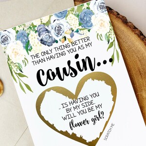 Flower Girl demande une carte à gratter pour cousin | | de la carte de proposition de cousin La seule chose cousine demoiselle d’honneur junior demoiselle d’honneur hydrangea bleu