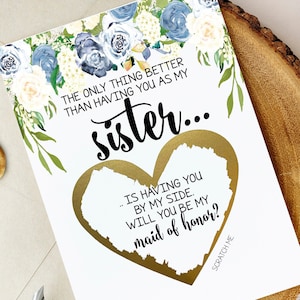Will You Be my Maid of Honor Proposal Scratch Off Card voor Zuster | Bruidsmeisje vraagt kaart zuster Matrone van eer Bruidsmeisje Blauwe Hortensia