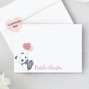 Personalisiertes Panda Briefpapier für Mädchen | Individuelle FLAT Notizkarten für Kleine Mädchen | Panda mit Herz Ballons Stationary 22-9