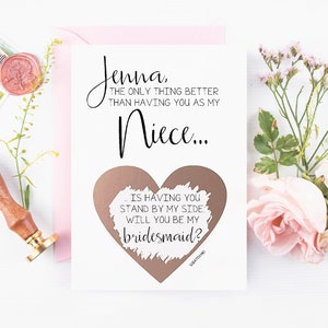 Proposition de demoiselle d’honneur pour la carte à gratter de sa nièce | Carte d’honneur personnalisée en or rose pour nièce | Flower Girl - Demoiselle d’honneur junior
