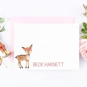 Personalized Note Cards, Watercolor Fawn, Woodslands Baby Shower Thank you Cards, Stationary for Girls DM249