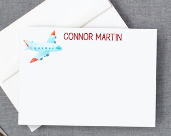 Personalized Airplane Note Cards | Kids Stationery | FLAT cards for Thank You and Penpals | Boys Plane Note Cards and Envelope Set 22-142