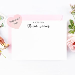 Papelería personalizada para mujer / Tarjetas PLANAS personalizadas para él o ella / Una nota de / Juego de tarjetas de agradecimiento / SET de 10 billetes y sobres 22-1