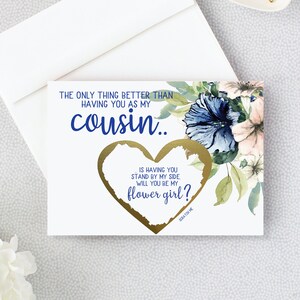Flower Girl Proposal for Cousin Scratch Off Card - Sarai la mia damigella d'onore - Maid of Honor - matrona d'onore jr damigella d'onore Navy Blush BRI