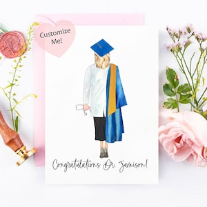 Carte d'obtention du diplôme de l'école de médecine | Carte personnalisée pour Senior | Félicitations diplômé | Casquette et robe | Promotion 2023 | Nouvelle carte de médecin | Dr PA