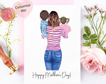 Mothers Day Card | Custom Card for Mom and 2 Kids | Card for Mama | Mom and 2 Kids | Mothers Day Gift | Mom Keepsake | Happy Mothers Day