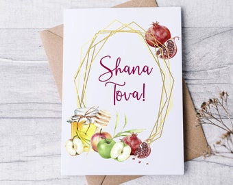 Shana Tova Rosh Hashanah Jewish Holiday Cards | Bees Honey Apple Pomegranate | Watercolor Shana Tova Card Set | Jewish Holiday Cards