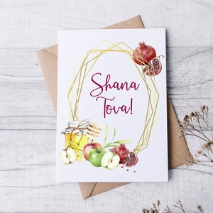 Shana Tova Rosh Hashanah Cartes de vacances juives | Abeilles Miel Pomme Grenade | Aquarelle Shana Tova Card Set | Cartes de fêtes juives
