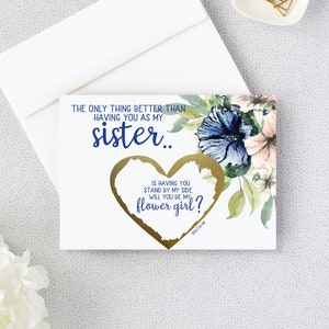 Flower Girl Proposition pour Sister Scratch Off Card - Serez-vous ma Flower Girl - La seule chose meilleure demoiselle d’honneur - flower girl - Navy Blush