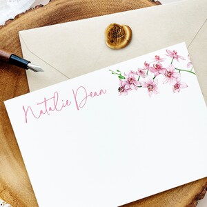 Papelería personalizada de orquídeas para ella / Tarjetas de notas para mujeres / Tarjetas de niñas para amigos por correspondencia / Tarjetas planas para notas / Set 10 Tarjetas Sobres 22-208