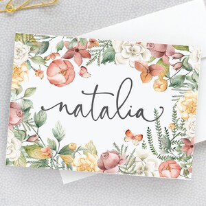 Personalisiertes Briefpapier für Frauen, Notizkarten und Briefumschläge, Set von 10 KLAPPkarten, Altrosa Aquarell Blumen 22-177