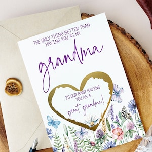 Revelación del embarazo de la abuela - Nueva gran abuela rasca la tarjeta - Abuela bisabuela Abuelos Bebé Anuncio FLORES SILVESTRES