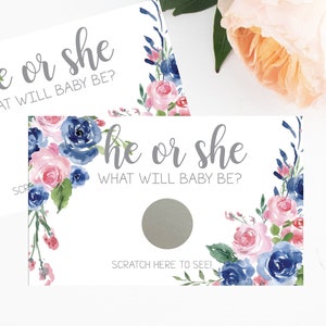 10 He or She Gender Reveal Party Scratch Off Card (fr) Jeu de Baby Shower (fr) Révélation de genre Lui ou elle . Blue or Pink Flower Scratch Off Set of 10