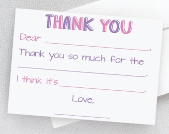 Personalized Stationery For Kids | Fill In The Blank Thank You FLAT Cards for Girls | Birthday Thank You | Note Cards and Envelopes 22-102
