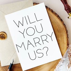 Proposta di biglietto Will You Be My Marry Us per officiante, da sposa sposo, matrimonio moderno con richiesta di biglietto per prete, rabbino, diacono, migliore amico