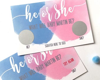 10 Personalized Gender Reveal Party Scratch Off Card - Baby Shower Game - Gender Reveal - He or She - Blue or Pink Scratch Offs - Set of 10