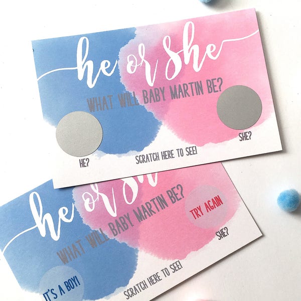 10 Personalized Gender Reveal Party Scratch Off Card - Baby Shower Game - Gender Reveal - He or She - Blue or Pink Scratch Offs - Set of 10