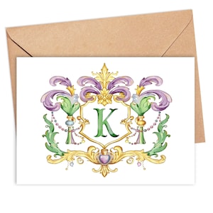 Briefpapier met monogram Mardi Gras, aquarel New Orleans Mardi Gras bedankkaarten, notities met monogram, gevouwen kaarten, set van 10, 25-16