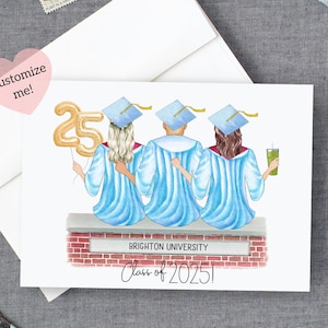 Afstudeerkaart voor 3 vrienden | Afstuderen Keepsake Senior | Gefeliciteerd meiden en jongens | Cap-jurk | Klasse van 2025 | Middelbare school