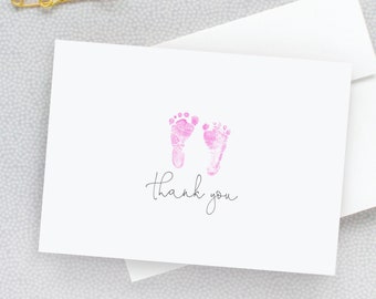 Baby Shower Thank You Note Card Set, Pink Baby Footprints, Girls Footprints, Baby Footprints Thank You Cards, Baby Shower Cards