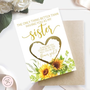 Proposition de flower girl pour la | de carte à gratter de sœur Demoiselle d’honneur junior demandant sœur | La seule chose Sœur Fleur Fille Carte Tournesol