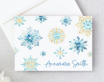 Winter Wonderland Stationery, Personalized Snowflake Note Cards, Blue and Gold Snowflake Thank You Cards, Custom Note Cards, 23-69