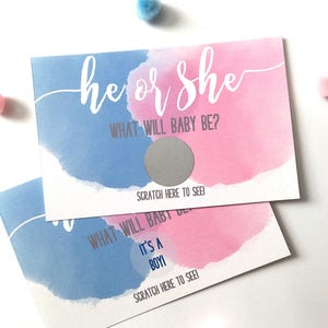 10 He or She Gender Reveal Party Scratch Off Card Baby Shower Game Gender Reveal He or She Blue or Pink Scratch Offs Set of 10 image 1