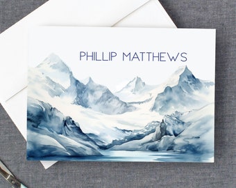 Personalized Stationery for Him, Custom Mountains Note Cards, Thank You Cards, Gift for Him, Custom Note Cards, Winter Watercolor 23-68