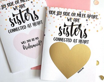 Bridesmaid Scratch Off Card for Sister -Side by Side or Miles Apart We are Sisters Connected at Heart - Maid of Honor - Bridesmaid ROSE GOLD