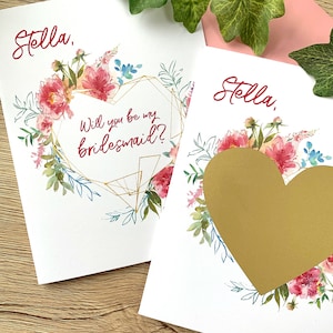 Bridesmaid Proposal Gratta e Vinci - Personalizzato Sarai la mia damigella d'onore - Damigella d'onore - Flower Girl - Pink Flowers Gold Heart BELLA