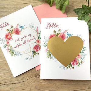 Proposition personnalisée de matron d’honneur Carte à gratter - Serez-vous ma matrone d’honneur - Demoiselle d’honneur - Fleurs roses Cœur d’or BELLA