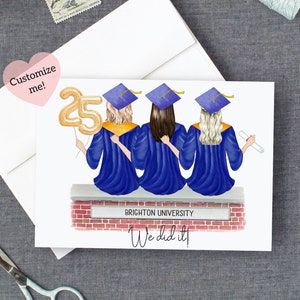 Afstudeerkaart voor 3 vrienden | Afstuderen Keepsake Senior | Gefeliciteerd afgestudeerd | Cap-jurk | Klasse van 2025 | Middelbare school