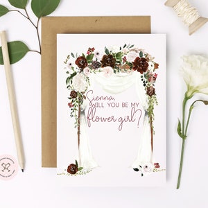 Flower Girl Vraagt Kaart | Word jij mijn | Eremeisje | Junior Bruidsmeisje Nichtje| Boho Chuppah Bruiloft Canopy Card | Rode Blush FLowers