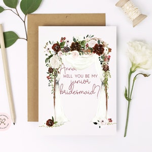 Be My Junior Bridesmaid Asking Card | Word jij mijn | Eremeisje | Bloemenmeisje | Boho Chuppah Bruiloft Canopy Card | Rode en blozende bloem