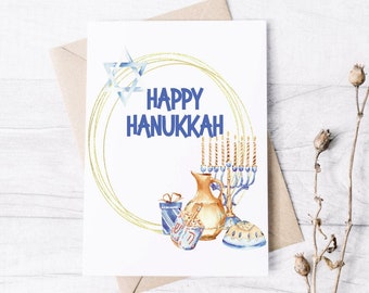 Happy Hanukkah Card | Jewish Holiday Menorah Dreidel Card | Hanukkah Holiday Card | Greeting Card | Chanukah | Blue and Gold Frame Card