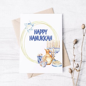 Happy Hanukkah Card | Jewish Holiday Menorah Dreidel Card | Hanukkah Holiday Card | Greeting Card | Chanukah | Blue and Gold Frame Card
